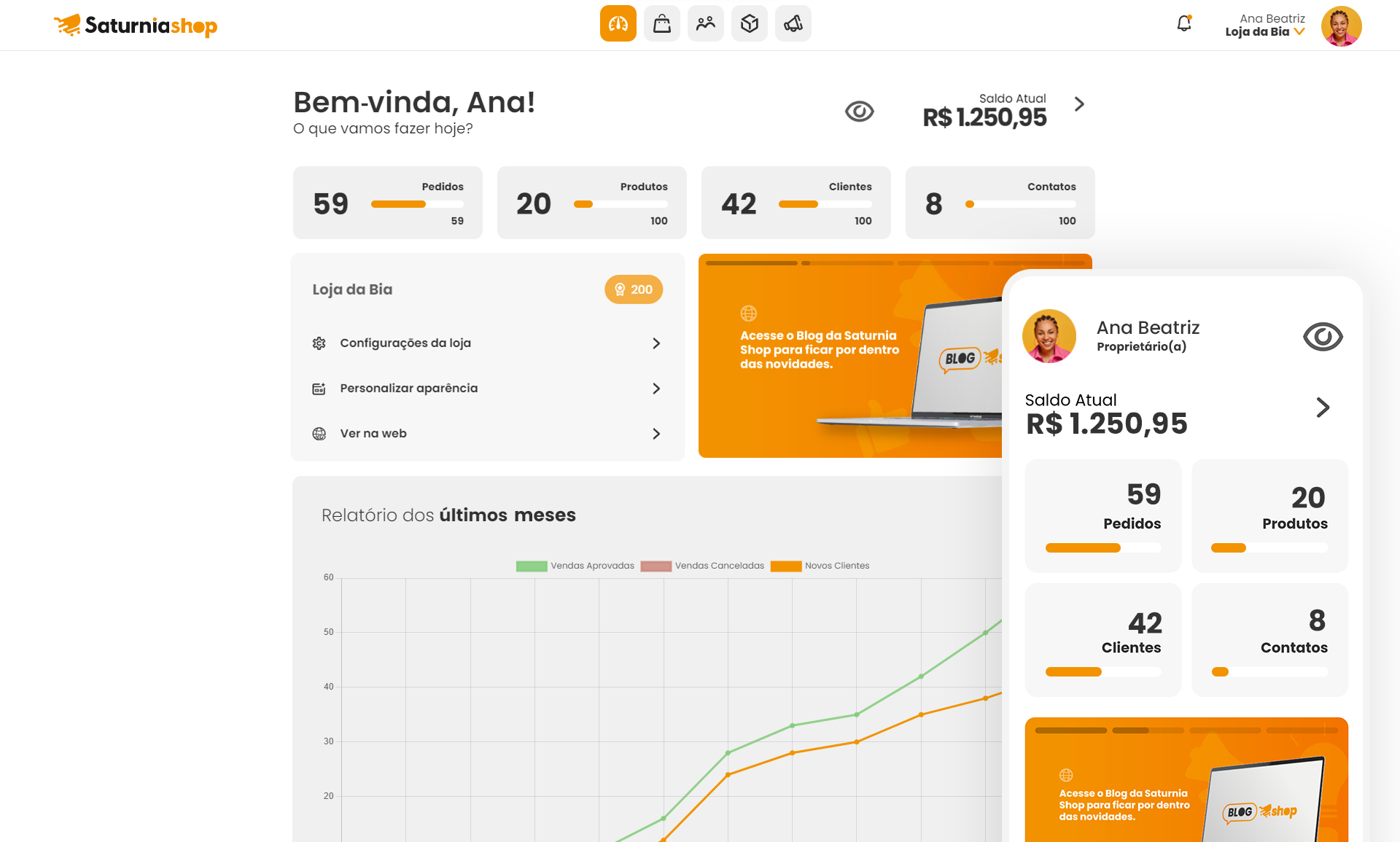 Painel de gerenciamento da Saturnia Shop | App | Dashboard